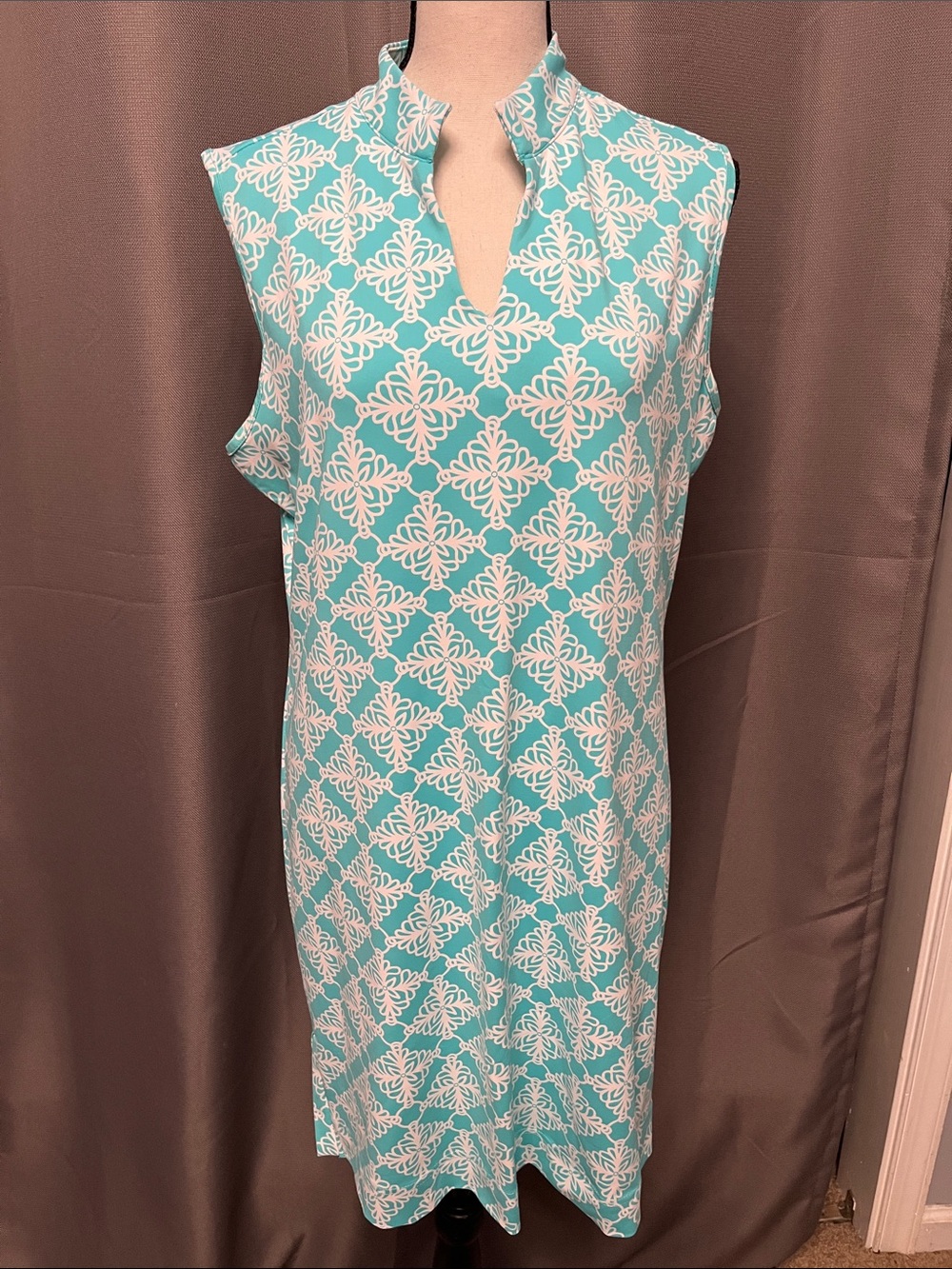 Lulu-B Aqua & White Sleeveless Mock-Neck Midi Dress